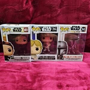 (3) Funko Pops Star Wars Luke Skywalker. Fennec Shand & The Mandalorian Lot
